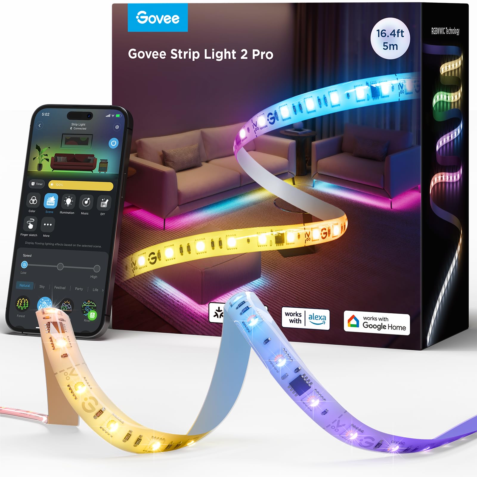 GoveeRGBIC LED Strip Light 2 Pro with Matter, 5m WiFi LED Strip Lights for Bedroom, Party, TV and Gaming, Compatible with Alexa and Google Assistant