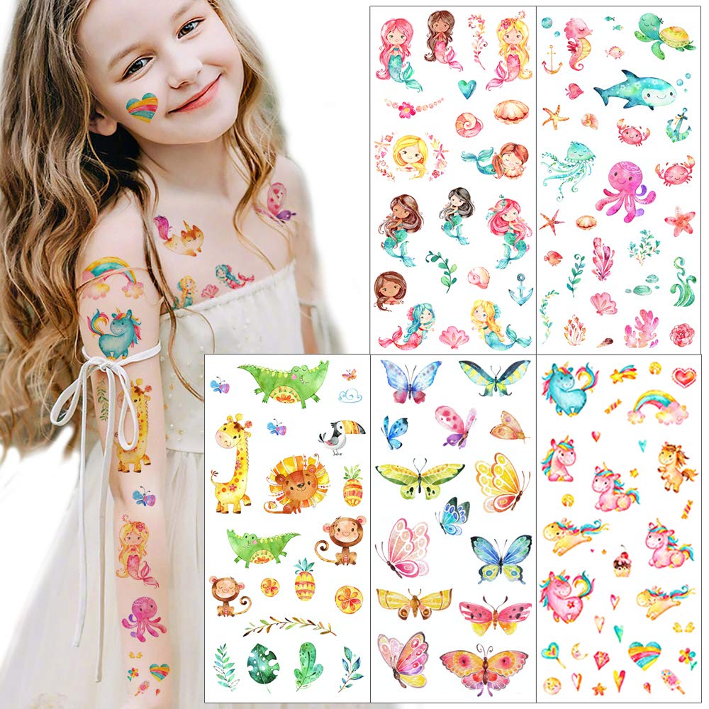 glaryyears 10 Sheets 150+ Tattoos Watercolor Animals Kids Temporary Tattoo Stickers, Mermaid Dinosaur Unicorn for Girls Boys Children, Waterproof Fake Cute Tattoo on Face Hand Arm Party Favor Body Art