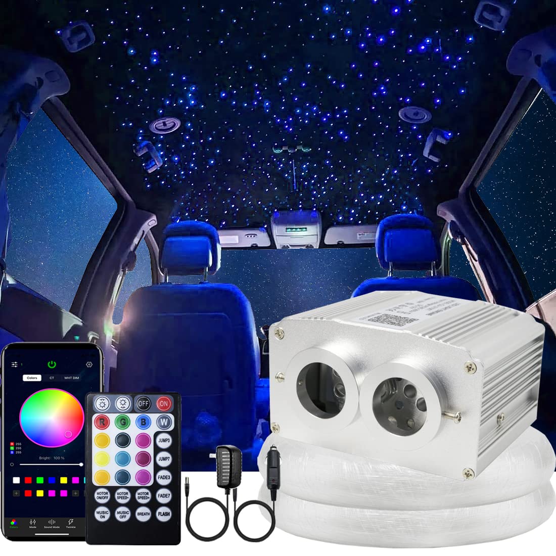 AZIMOM Dual Port 16W Twinkle Bluetooth Fiber Optic Lights Star Ceiling Light Kits Mixed860pcs*13.1ft Fibers Strands Sound Activated RGBW APP/Remote Light Engine for Car Home Starlight Headliner Decor