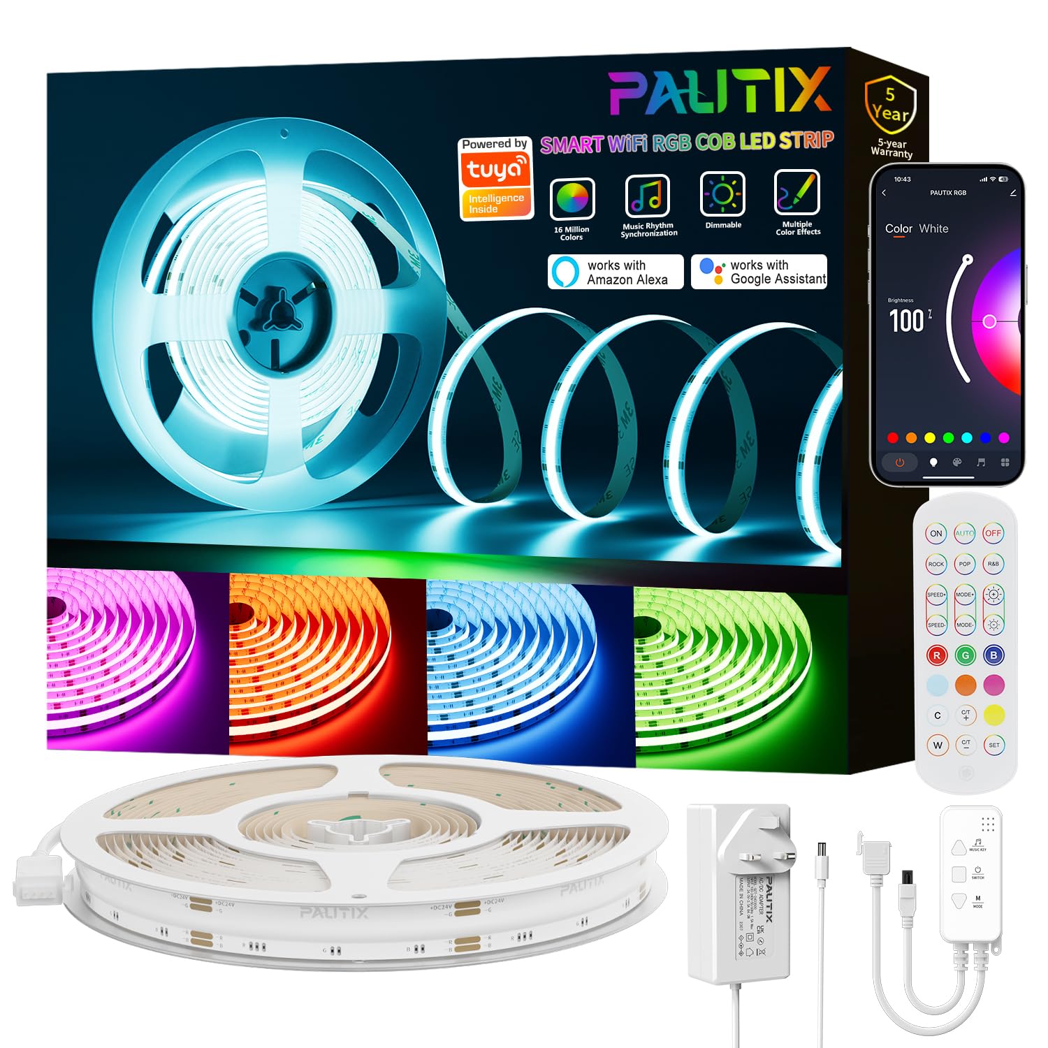 PAUTIX RGB COB LED Strip Light 10M,Colour Changing Dimmable Strip Light DC24V,Work with Alexa/Google Assistant/Tuya Multicolour Flexible Tape Light,for TV,Bedroom,Party DIY Decoration [Energy Class F]