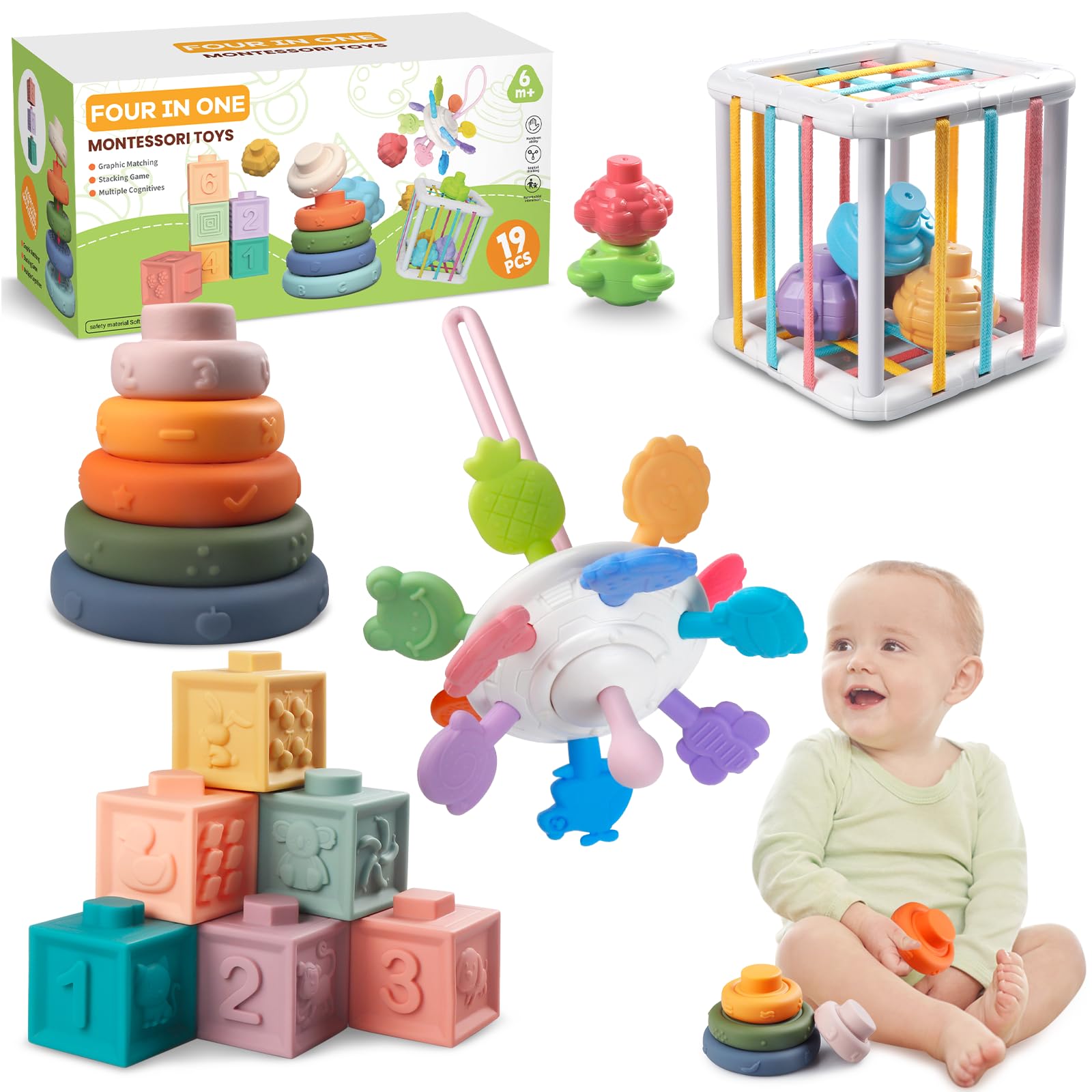 Montessori Baby Toys for Ages 6-18 Months - Pull String Teether, Stacking Blocks, Sensory Shapes Storage Bin, Infant Bath Time Fun, 4 in 1 Toddlers Toy Gifts for 1 2 3 Year Old Boys Girls