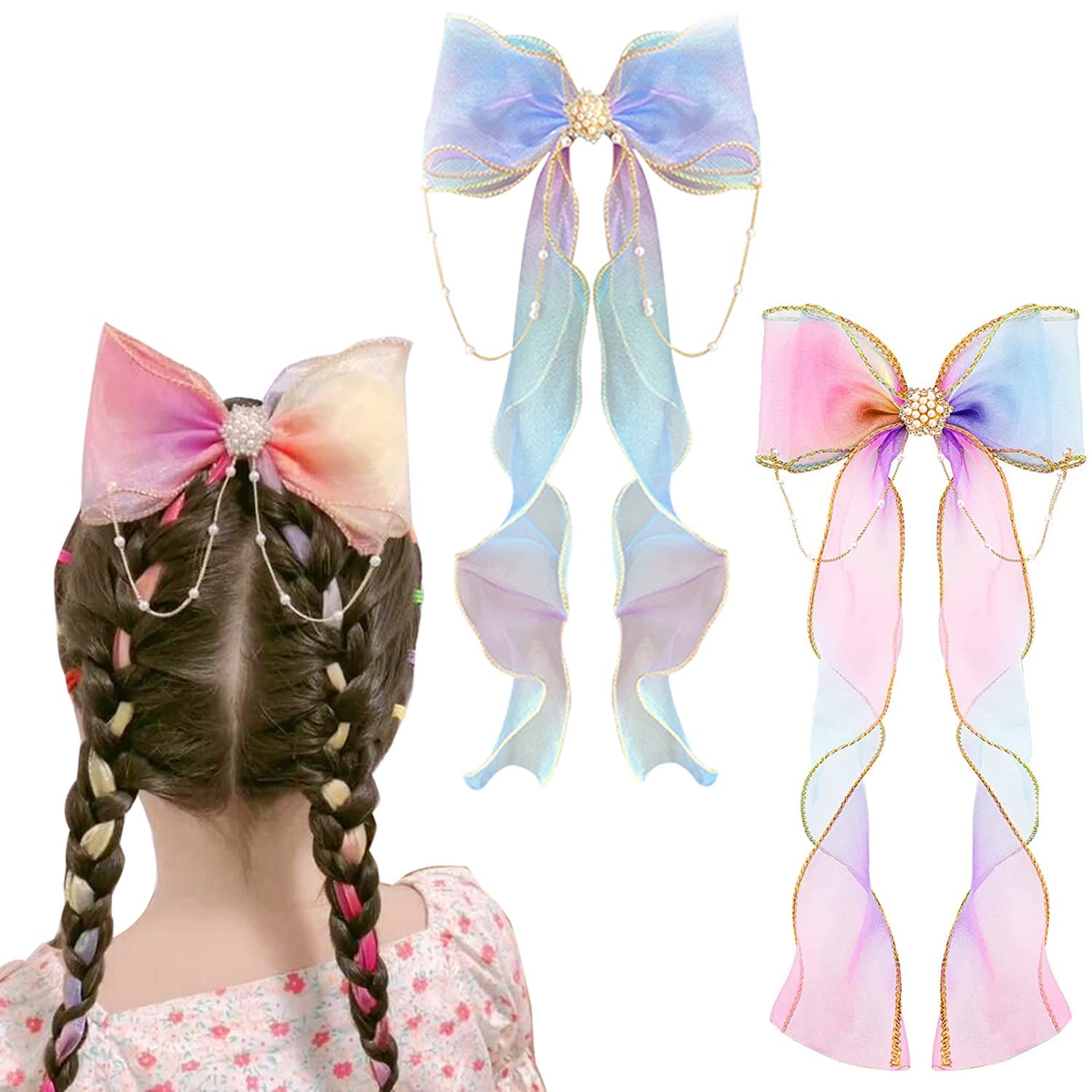 Amzboen 2 Pcs Colorful Ribbon Hair Bows for Girls, Bows Hair Barrettes, Kids Hair Accessories, Rainbow Ribbon for Toddler Girls Teen Adult Princess Dress Up(Gradient Color)