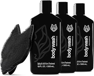 Black Wolf Skincare with Scrubber Gift Set for Men, Body Acne System - Shower Set with 10 Fl Oz, 3 Pack Charcoal Powder & ...