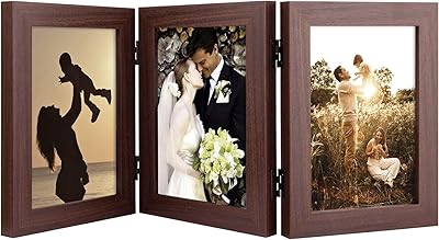 Golden State Art, 5x7 Three Picture Frame Trifold Hinged Photo Frame with 3 Openings, Desk Top Family Picture Collage, with Real Glass (5x7 Triple, Brown, 1-Pack)