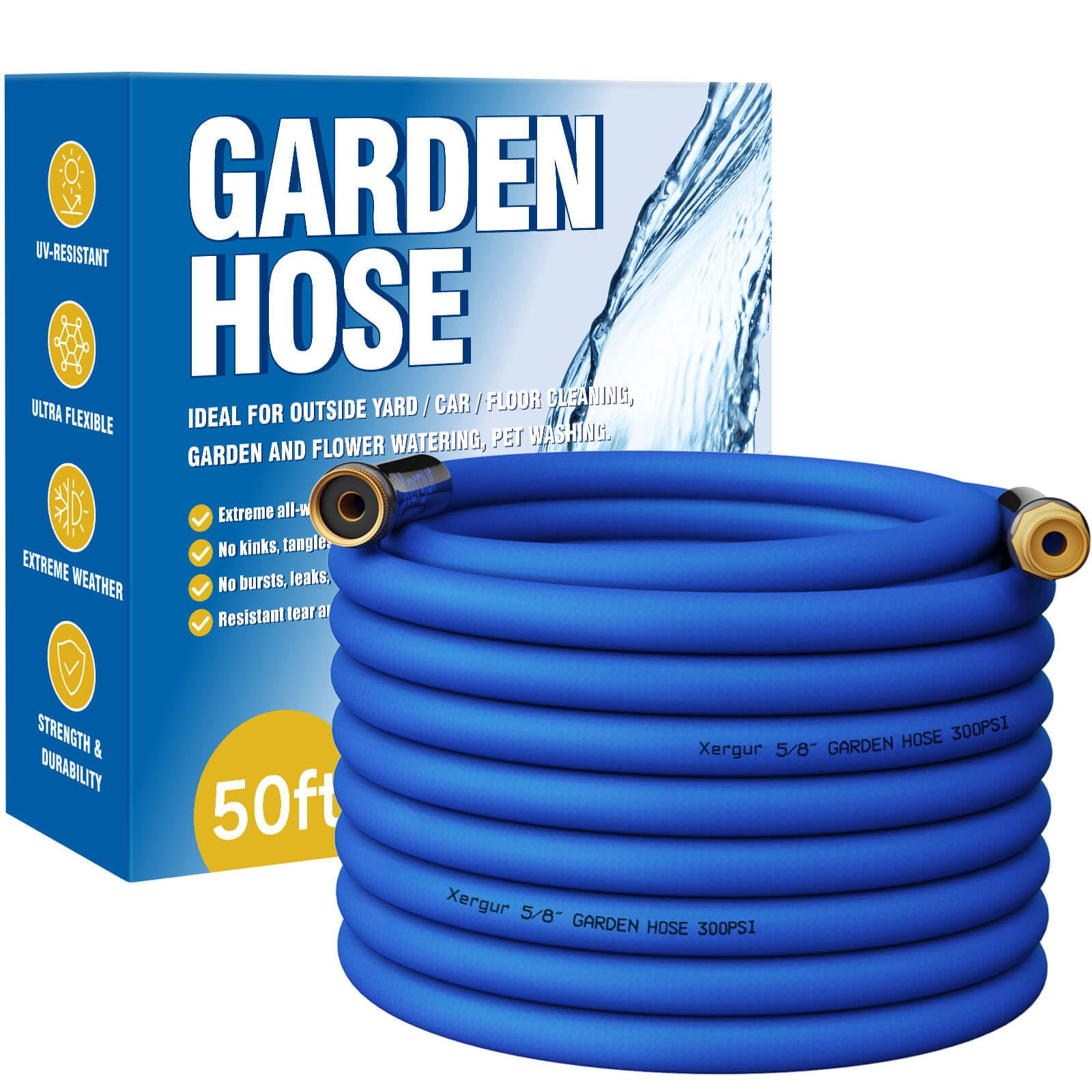 Flexible Garden Hose Water Pipe - 50FT Water Hose with Solid Brass Fittings, Durable Water Hose Swivel Grip Heavy Duty Flexible Hose for Gardening Lawn Car Pet Washing, Blue