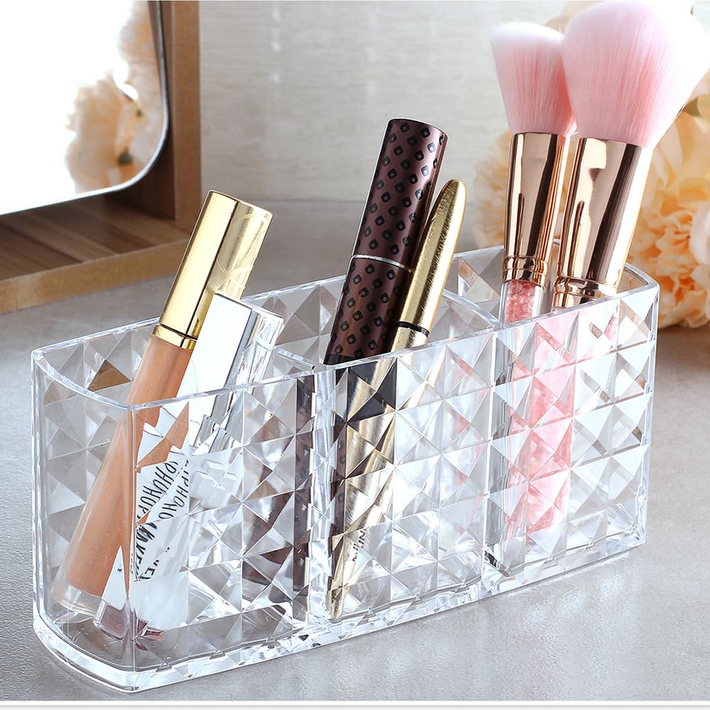 ROWNYEON Makeup Brush Holder,Diamond Pattern 3 Slots Acrylic Makeup Organiser Cosmetic Organiser Storge Box For Makeup Brush, Lipstick, Lip Gloss for Bathroom Vanity Bedroom Dress Table Office