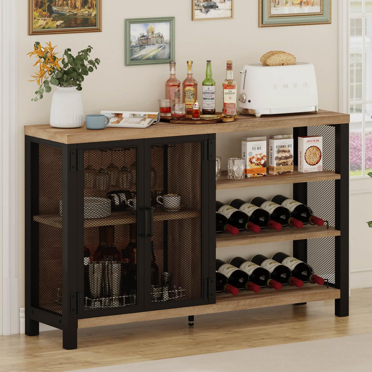 BON AUGURE Industrial Bar Cabinet for Liquor and Gl, Rustic Wood and Metal Wine Rack Table, Accent Sideboard Buffet with Doors (47 Inch, Vintage Oak)