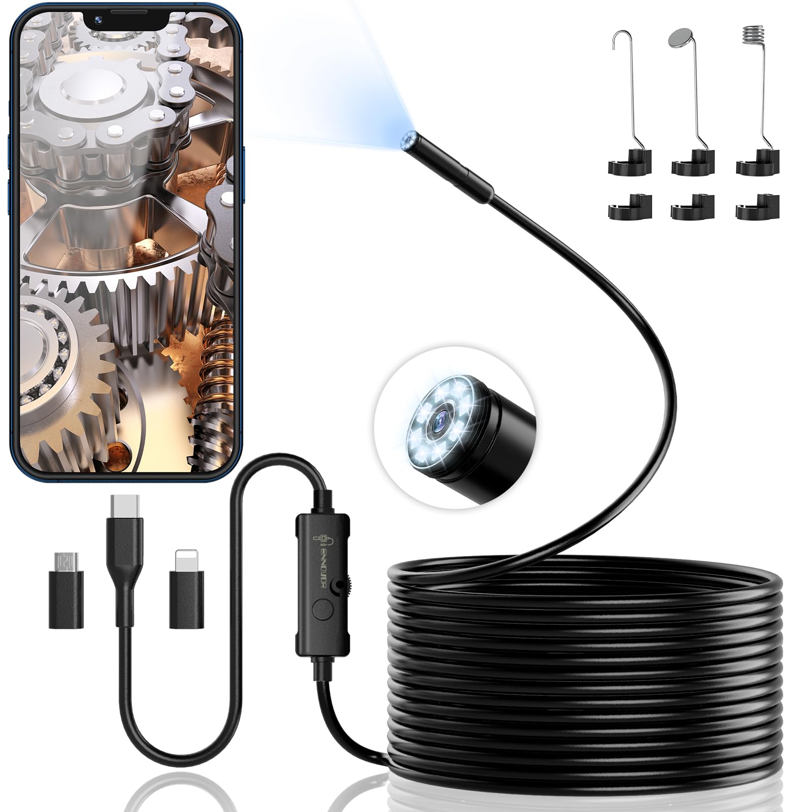 Endoscope Inspection Camera, Ennovor 1920 HD Flexible Rigid Snake Camera, 8 LED Lights No WiFi Snake Camera Waterproof IP67 Tube Sink Pipe Drain Camera for Android iOS Tablet Samsung (16.4 ft/ 5m)