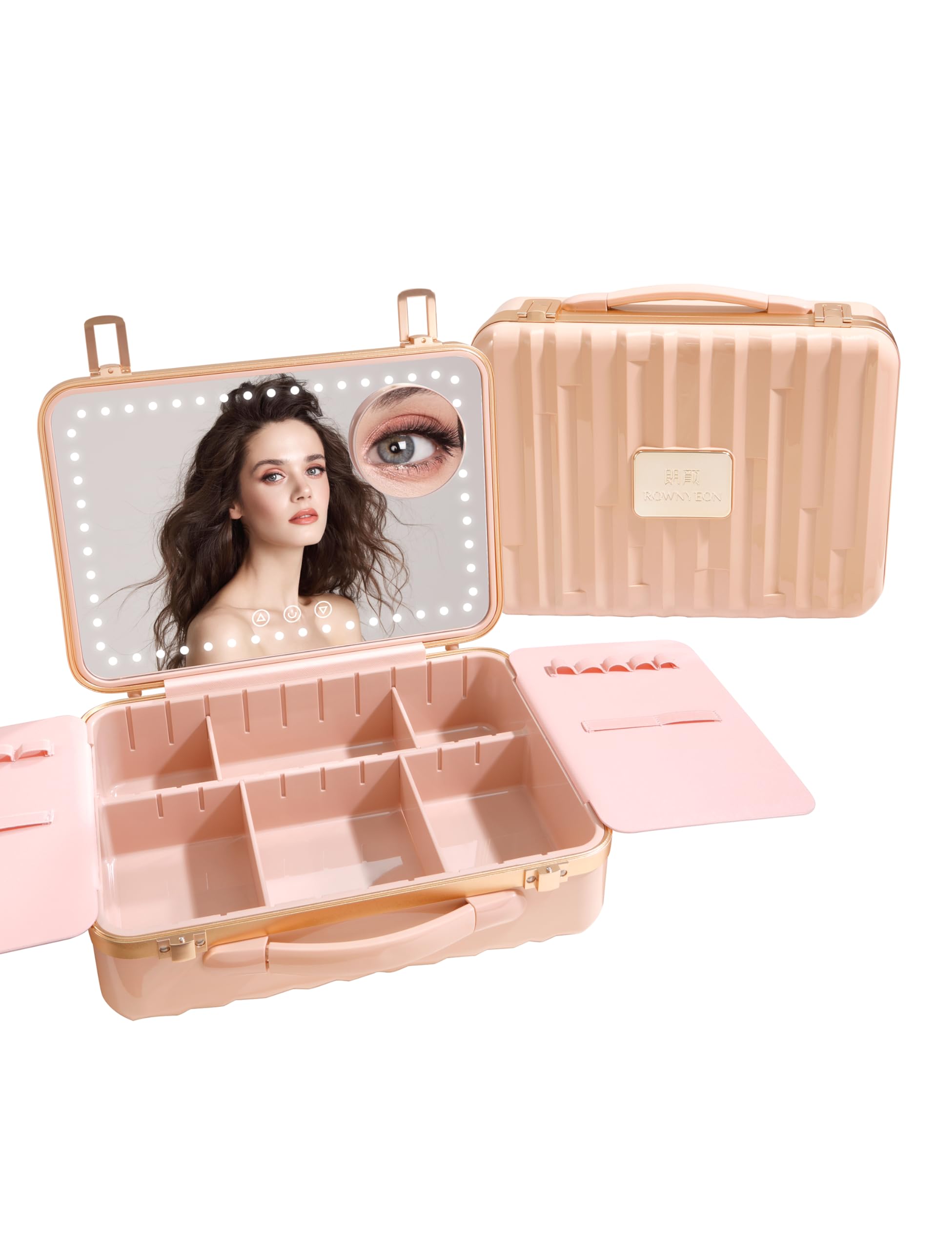 ROWNYEON Travel Makeup Case With Light Up Mirror Portable Train Case Organizer Makeup Box for Girls Makeup Artist, Makeup Tools, Hairstylist Travel Makeup Case, Large Pink