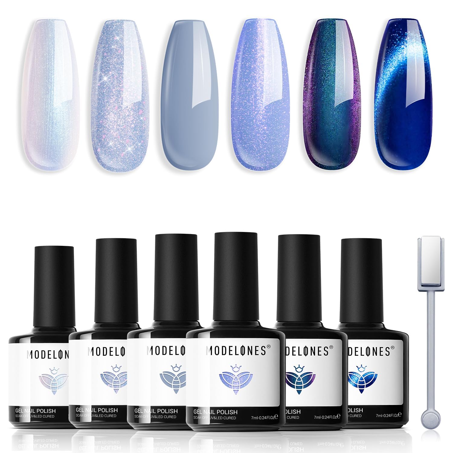 modelones Gel Nail Polish Set, 6 Colors Blue Collection Glitter Gel Polish Galaxy Dark Blue 9D Cat Eey Nail Gel polish with magnet Light Blue White Shimmer Pearl Soak Off Led Nail Art Gel DIY Salon