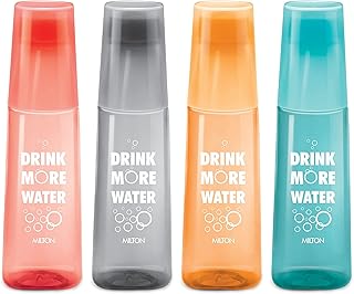 MILTON KIP SIP, Pack of 4 Water Bottles with Drinking Glass Lid, 1 Litre each, Reusable Plastic Fridge Bottle Set, BPA Free and Leak Proof Bottles for Travel, Work, Assorted