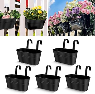 HTTW Set of 5 Black Iron Hanging Plant Holders - Indoor/Outdoor Rectangular Planters for Patio Pots