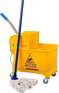 Mind Reader Mop Bucket with Wringer, 22 Qt (5.5 Gallon), Floor Cleaning, Handle, Wheels, 16.25"L x 10.75"W x 24.5"H, Yellow