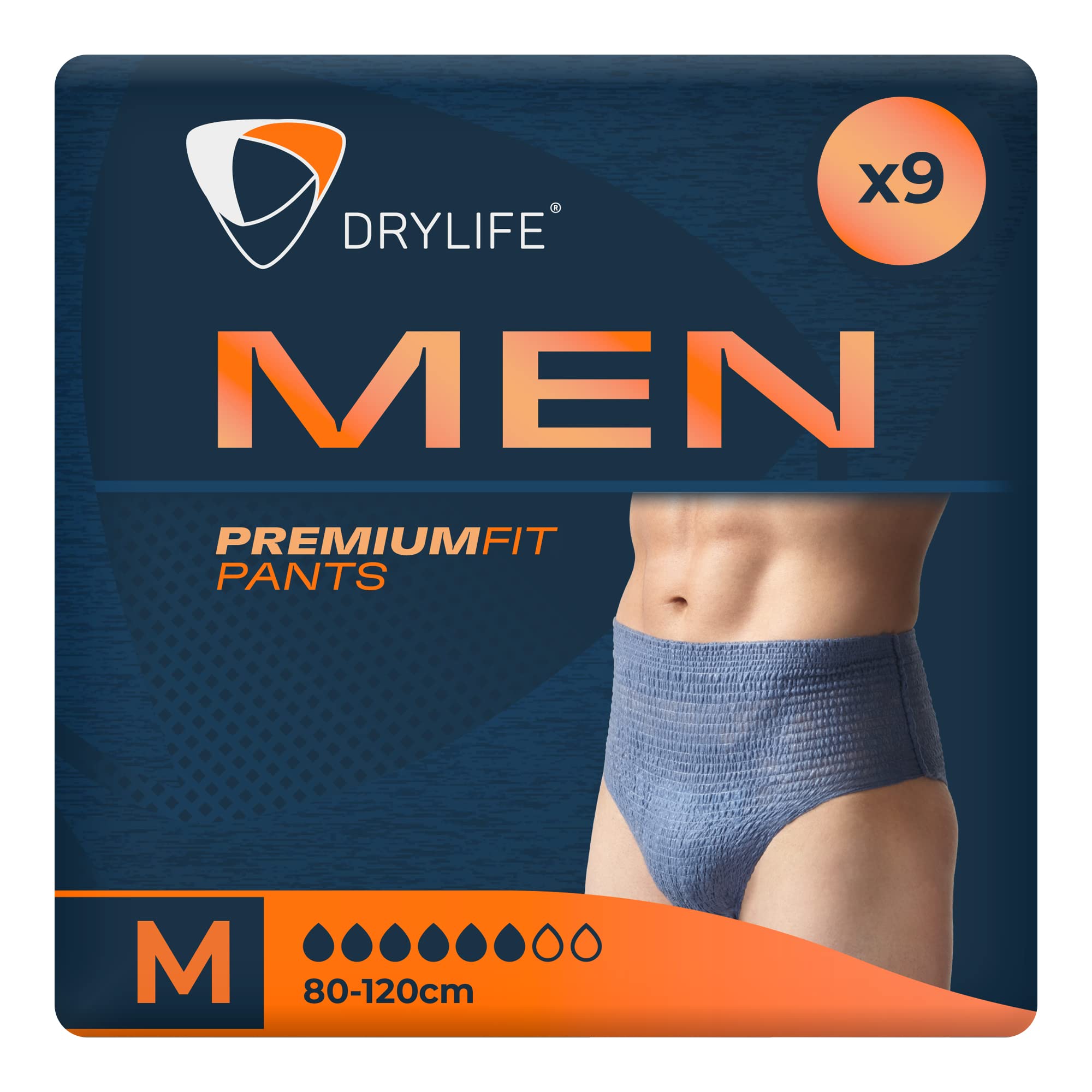 Drylife Men Premium Fit Incontinence Pants for Bladder Weakness - Fast Absorption Core, Anti-Leak Barriers, Odour Control Technology & Masculine Style - Medium (Pack of 9)