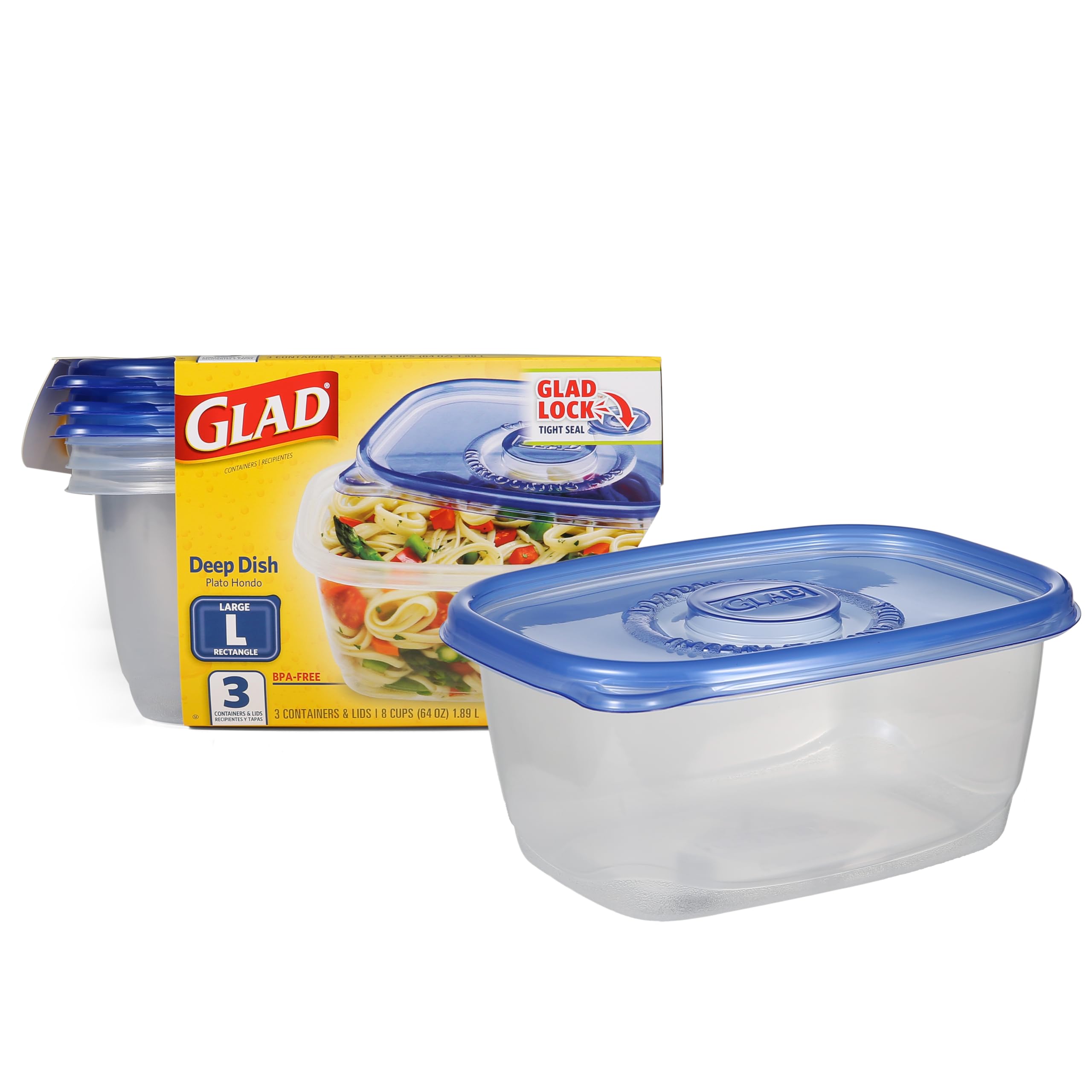 GladWare Deep Dish Food Storage Containers | Large Rectangle Food Storage, Food Containers Hold up to 64 Ounces of Food | Glad Containers with Glad Lock Tight Seal, 3 Count, Standard