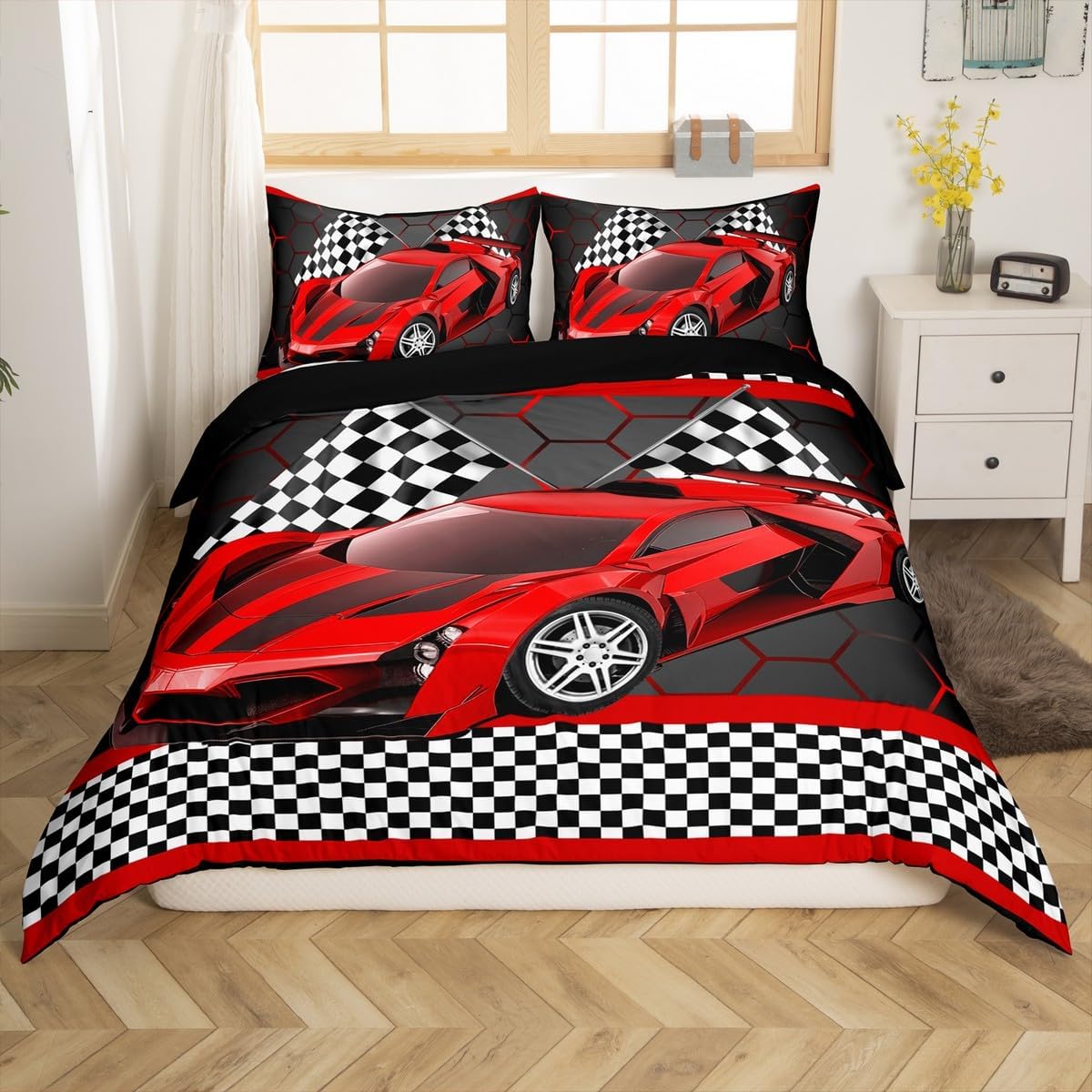 Feelyou Race Car Bedding Set for Kids Boys Black White Checkered Flag ...