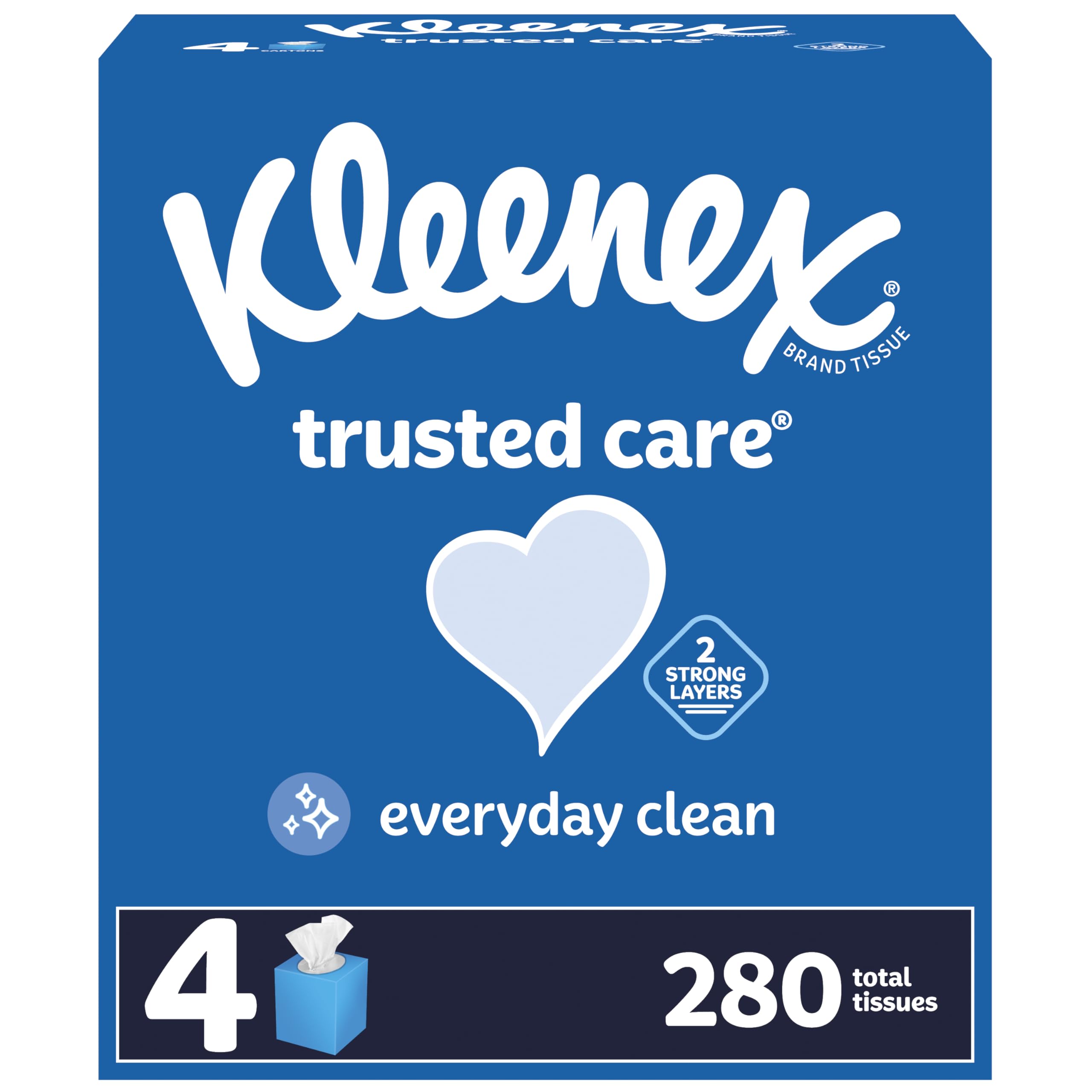 KleenexTrusted Care Facial Tissues, 4 Cube Boxes, 70 Tissues per Box, 2-Ply (280 Total Tissues), Packaging May Vary