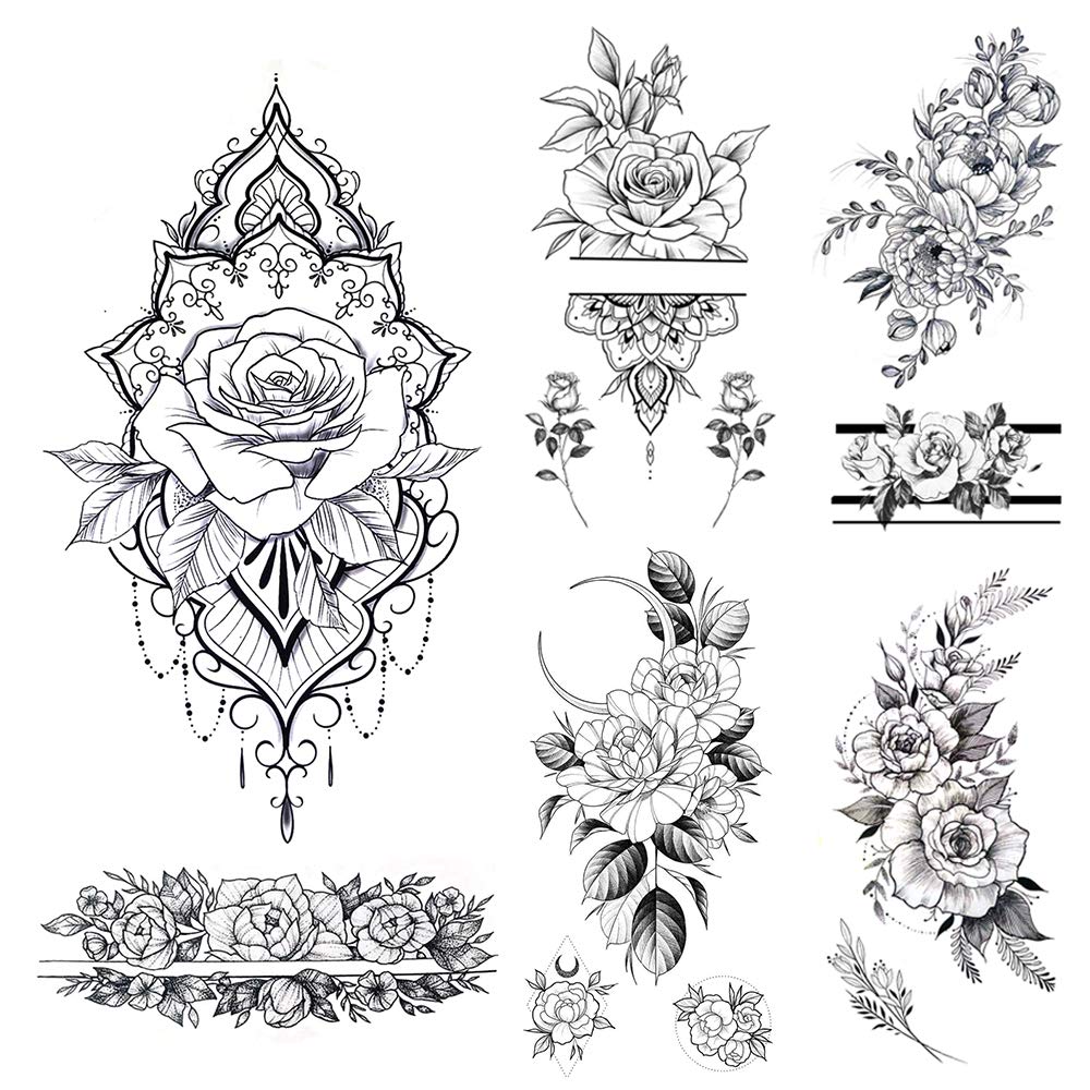 glaryyears 11 Sheets 24 Tattoos Black Flower Temporary Tattoos for Women, Realistic Henna Rose Fake Temporary Tattoo Stickers Waterproof on Wrist Arm Shoulder Body Art 3.5''x7.5''