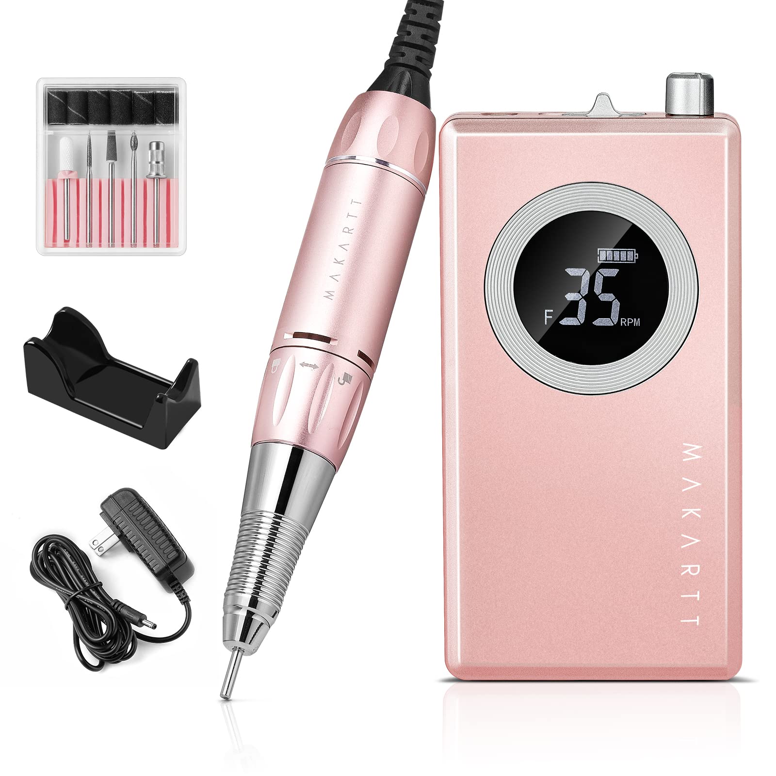 Makartt Rechargeable Nail Drill Electric Nail File Pink Stephanee 35000RPM Professional Nail Drill Kit Portable E File Manicure Drill for Acrylic Nails Poly Nail Gel Polish Nail Extension Gel B-18