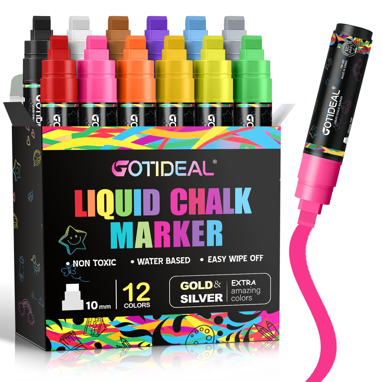 GOTIDEAL Window Markers, Jumbo Chalk Markers for Blackboard, Washable Car Markers for Chalkboard Glass Mirrow,10mm Thick Tip12 Colors With Metallic Colors