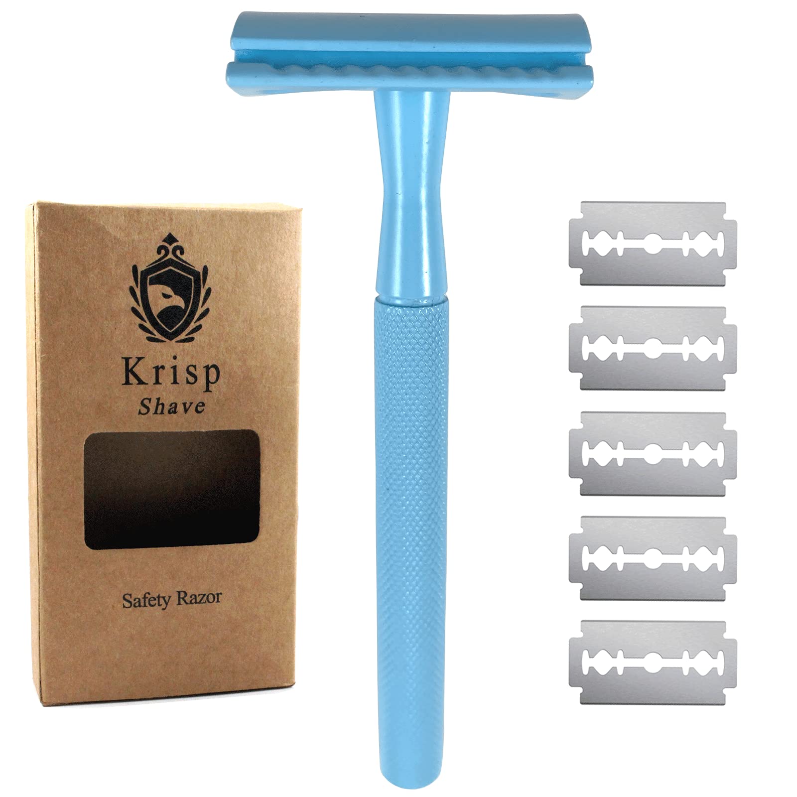 Krisp Shave Stainless Steel (4.5") Long Handle Blue Safety Razor for Women - Double Edge Razor - Fits All Double Edge Razor Blades - Comes With 5 Shaving Blades