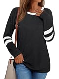 Womens Long Sleeve Shirts Color Block Casual Crewneck Tops Tshirt Basic Tee Fall Fashion Clothes Trendy Outfits