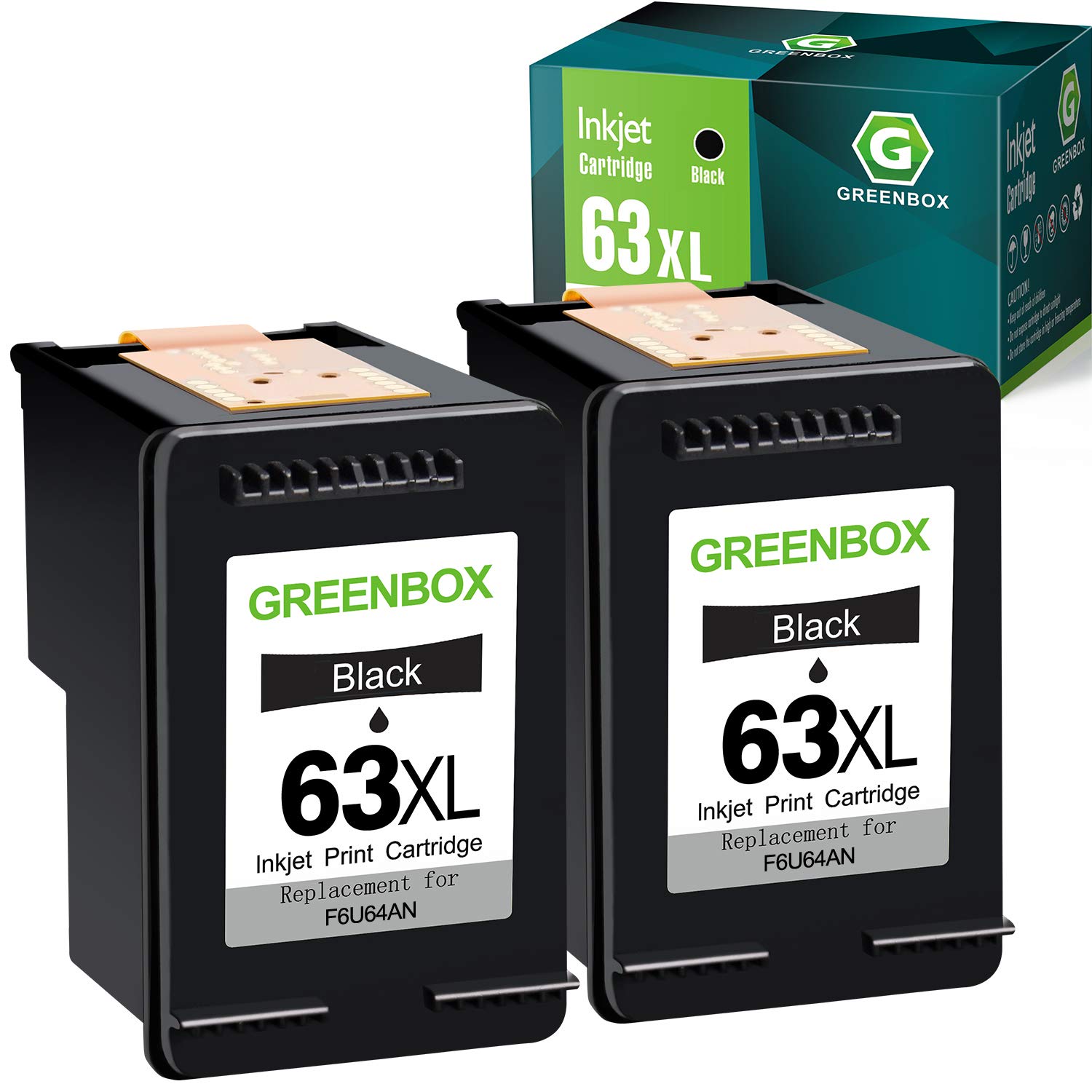 GREENBOX Remanufactured 63XL Black Ink Cartridge Combo Pack Replacement for HP Ink 63 63XL High Yield for OfficeJet 3830 5255 5258 Envy 4520 4512 4513 4516 DeskJet 1112 1110 3630 Printer Ink(2 Black)