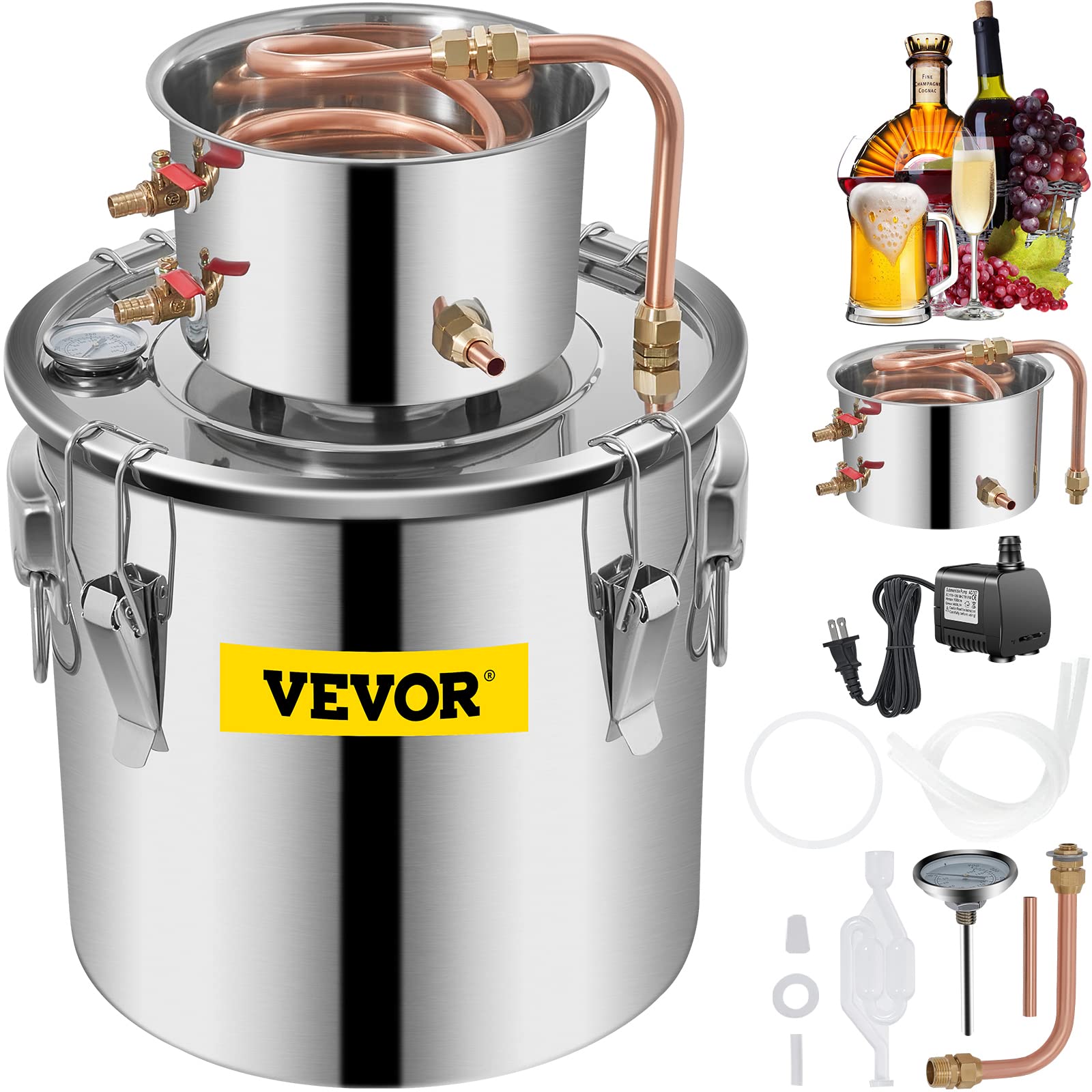 VEVOR Alcohol Still 5Gal/21L, Alcohol Distiller with Circulating Pump, Alcohol Still Copper Tube, Whiskey Distilling Kit w/Build-in Thermometer, Whiskey Making Kit for DIY Alcohol, Stainless Steel