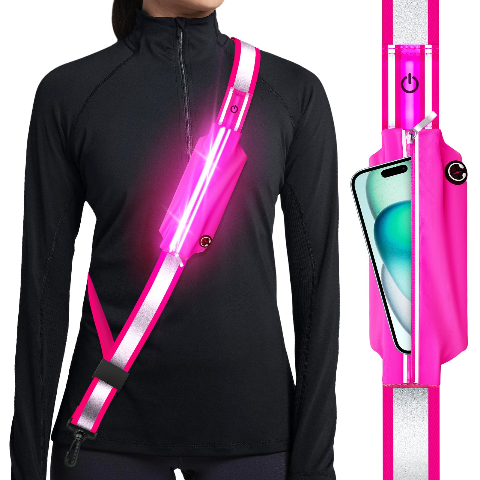 Reflective Sash Gear for Walking at Night,LED Reflective Belt Safety Lights,Lights for Night Dog Walking,High Visibility Type-C Rechargeable with Phone Holder for Men Women