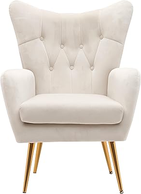 Container Furniture Direct Modern Chic Mid-Century Velvet Accent Armchair for Living Room, Bedroom, or Home Office, Button-Tufted Wingback Design with Gold Flared Legs, Ivory