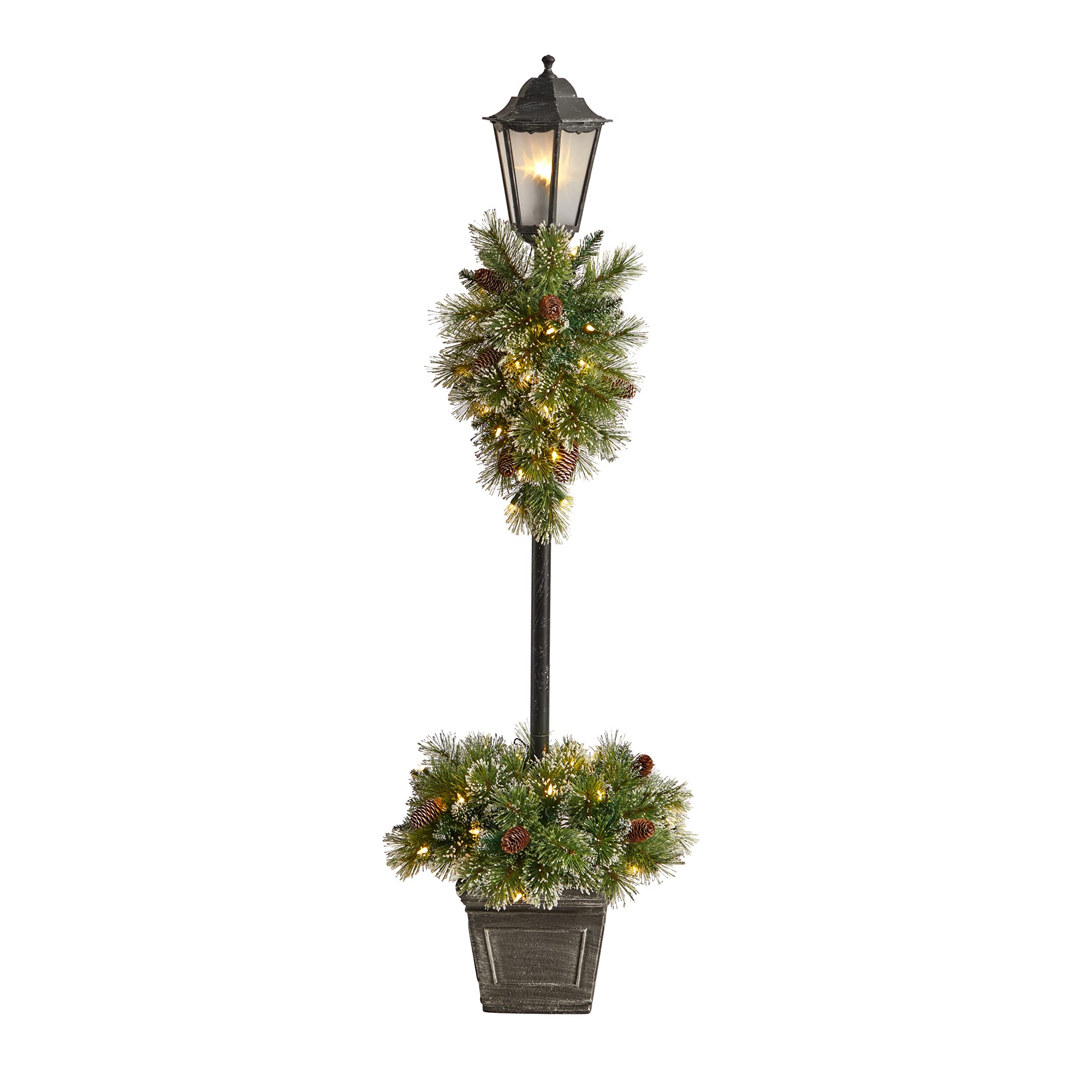 5ft. Holiday Pre-lit Decorated Lamp Post with Artificial Christmas Greenery, Decorative Container and 50 LED Lights Indoor Outdoor Patio Porch Decor