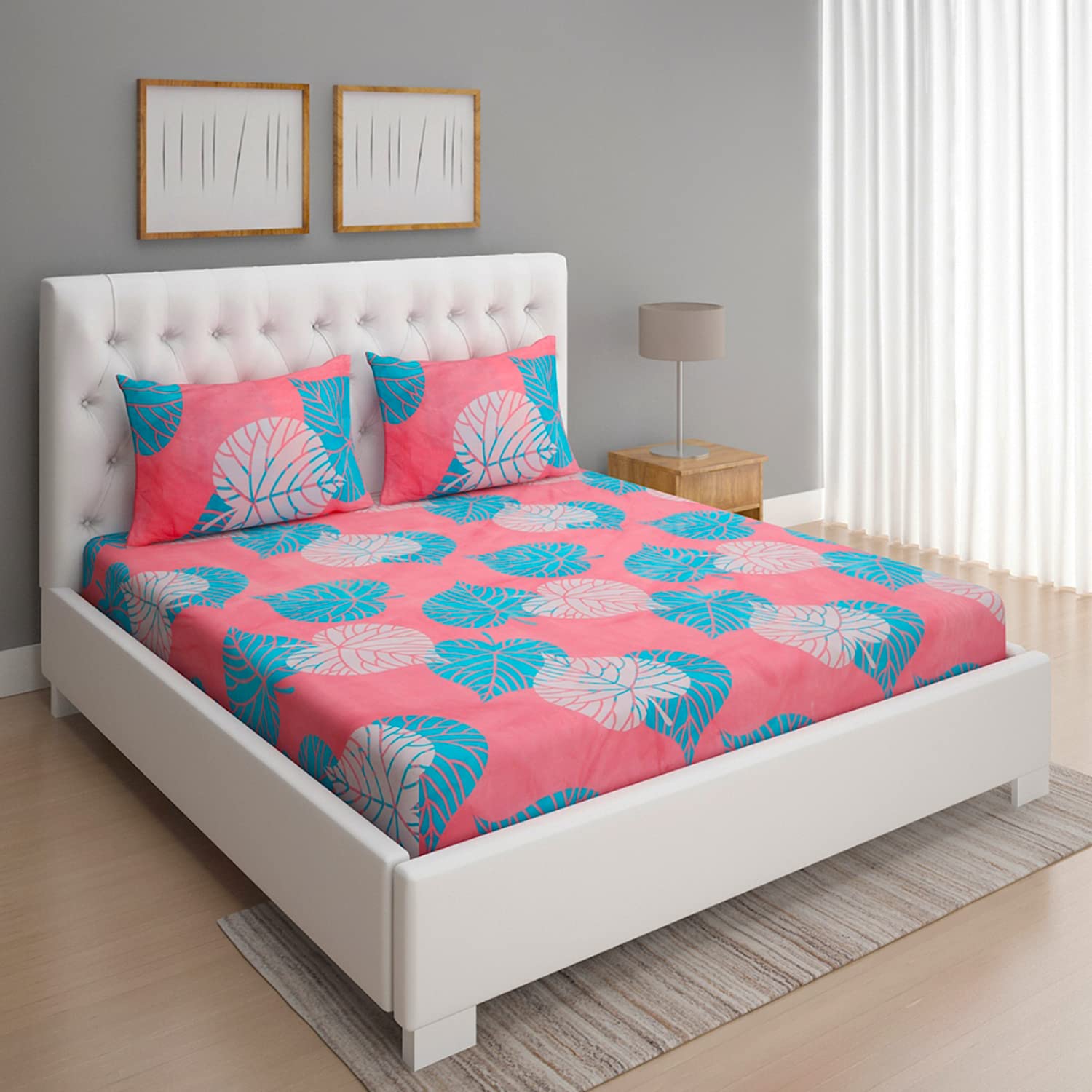 ROMEE Floral Printed Poly Cotton Bedsheet Double Bed, 144 Tc Bed Sheet Double Bed 2 Pillow Covers, Latest Newly Designs Double Queen Size Bedsheet- 90 X 100 Inches, Pink & Blue