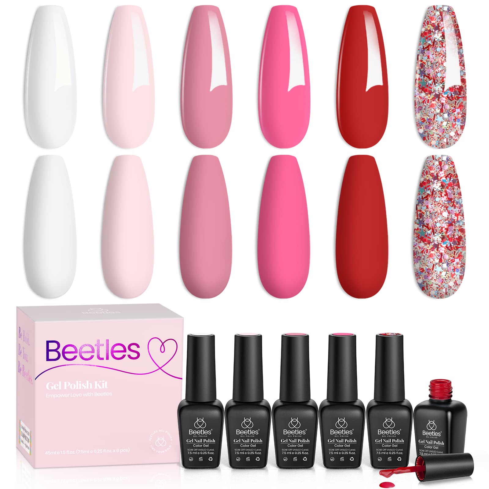 Beetles Gel Nail Polish Set -6 Colors Red Rose Pink Gel Polish Nail Kit Fall in Love Collection Glitter Color Gel Soak Off Uv LED Nail Lamp Manicure Kit Gifts for Women