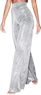 Women's Sexy High Waist Wide Leg Palazzo Lounge Pants Metallic Glitter Bell Bottoms Trousers Rave Party