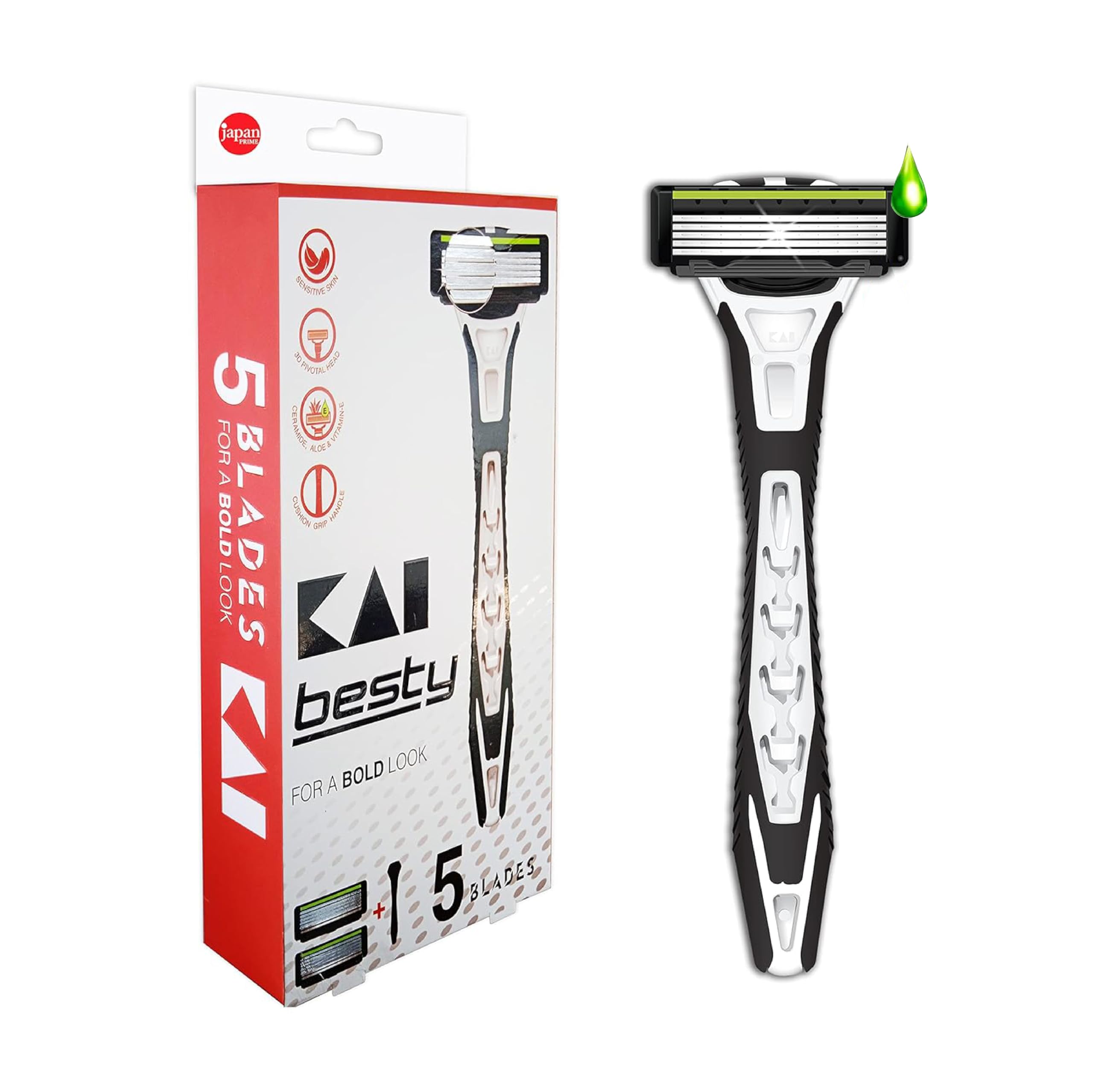 Kai Besty 5 Blade Shaving Razor For Men (Titanium Coated Blades) 3D Pivotal Head,Cushion Grip Handle, Aloe Vera &Vitamin E