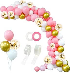 RUBFAC 110pcs Pink and Gold Balloons, Pink and Gold Balloon Arch Kit, Pink Gold White Balloons Garland, Gold Metallic Balloons, for Birthday, Wedding and Party Decorations