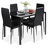 Best Choice Products 5-Piece Glass Dining Set&comma; Modern Kitchen Table Furniture for Dining Room&comma; Dinette&comma; Compact Space-Saving w&sol;Glass Tabletop&comma; 4 Upholstered PU Chairs&comma; Metal Steel Frame - Black