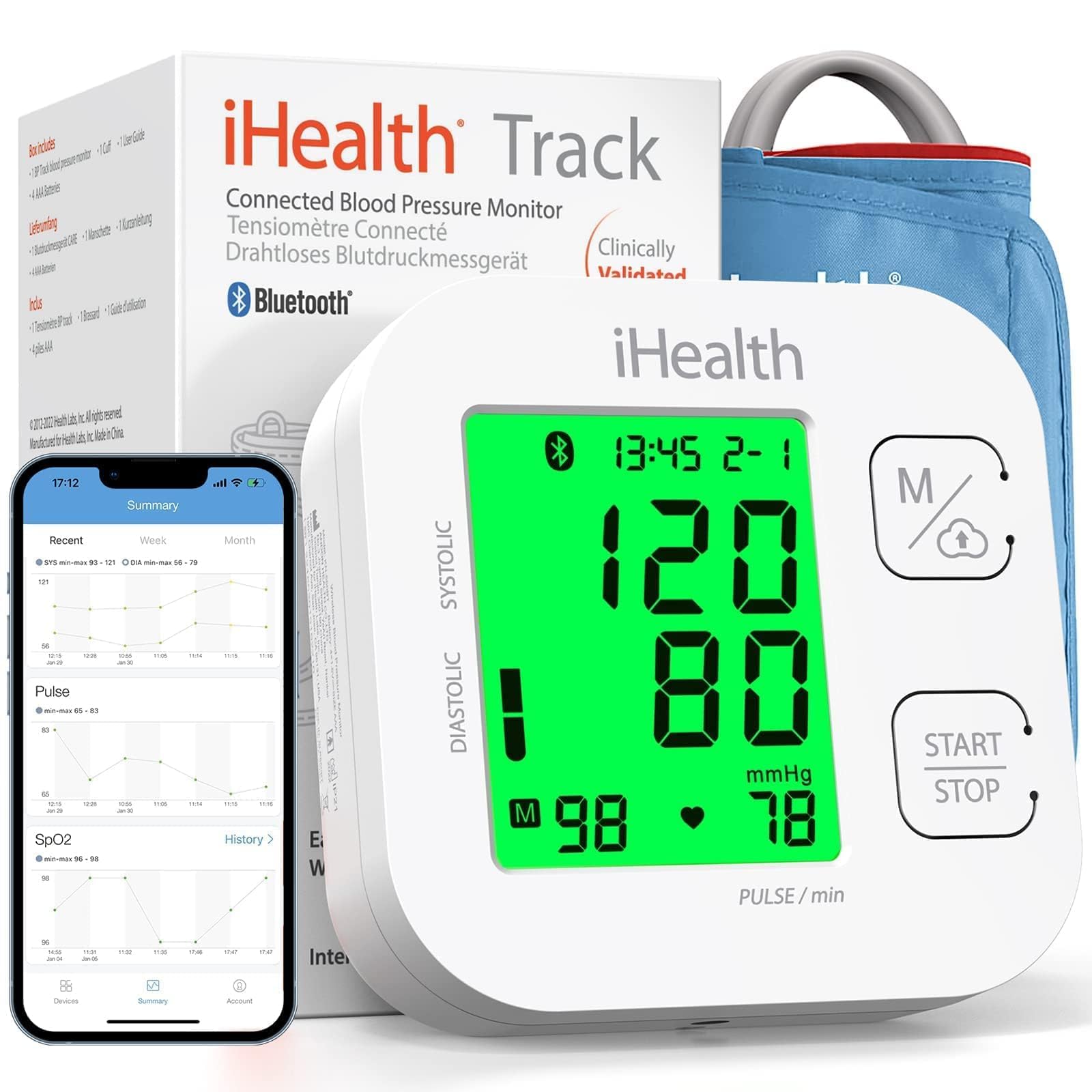 iHealthTrack Smart Upper Arm Blood Pressure Monitor with Wide Range Cuff That fits Standard to Large Adult Arms, Bluetooth Compatible for iOS & Android Devices