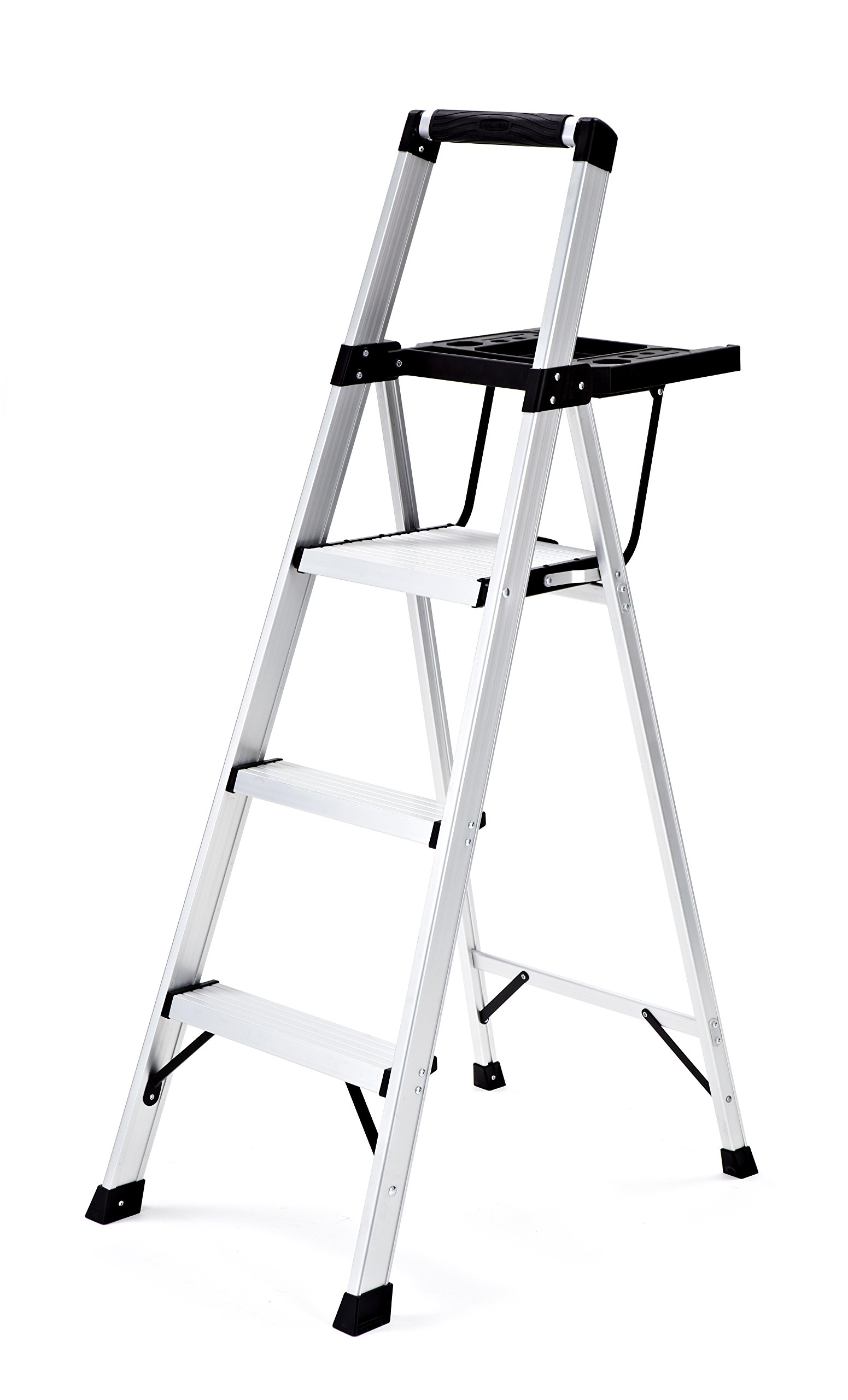 Rubbermaid 3-Step Ladder, Aluminum Lightweight Folding Step Stool with Project Tray, Silver, Tested to US Safety Standards, No Assembly Required