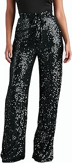 Women's Sequin Sparkle Pants High Waist Shiny Wide Leg Pants with Belt Night Out Party Club Trousers