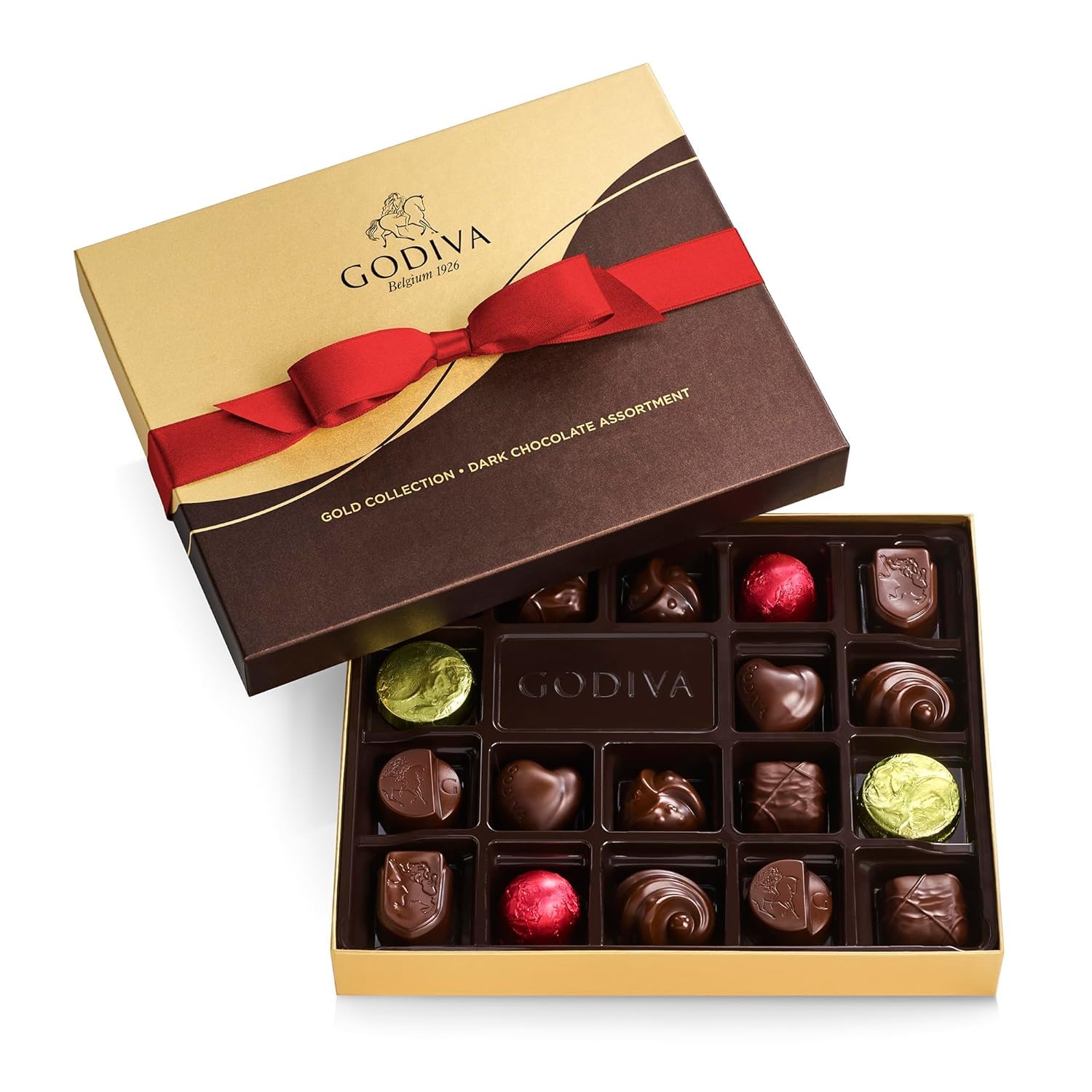 Godiva Chocolatier Holiday Assorted Gourmet Chocolate Gold Gift Box, Creamy Dark Chocolate with Lucious Caramel, Treats for Thank you, Anniversary, Christmas Candy Gift for Family and Friends, 18 pc