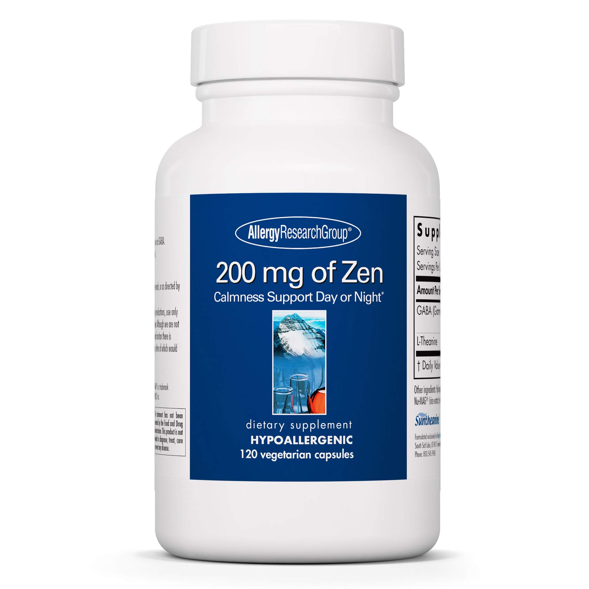 Allergy Research Group 200mg of Zen Supplement - GABA, L-Theanine, Calmness Support, Day or Night, Hypoallergenic, Vegetarian Capsules - 120 Count