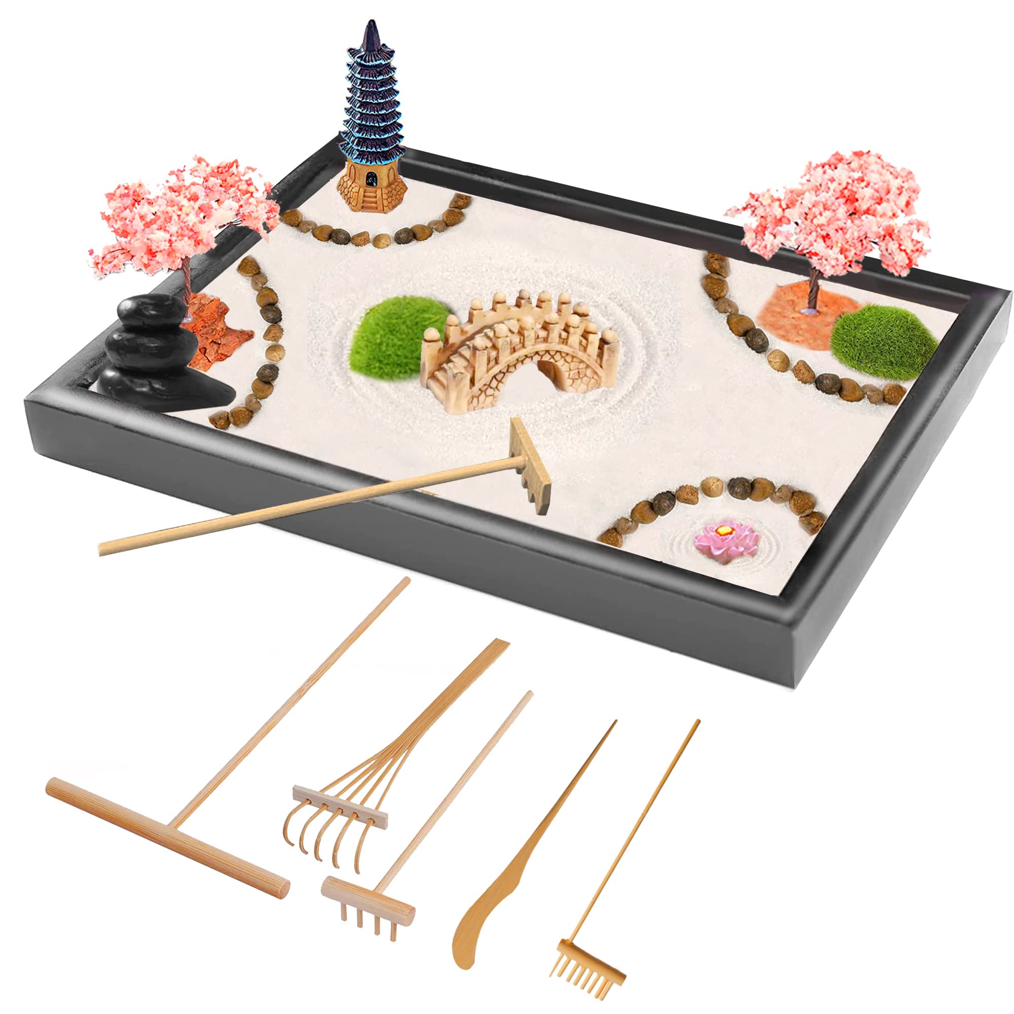 Zen Garden Kit 28 x 20cm(11x8 inch) Large Japanese Zen Sand Rock Garden With 6 Handmade Bamboo Tools,Home office Desktop Zen Decor,Premium Package Japanese mindfulness meditation gifts