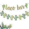 2 Set Fiesta Taco Bar Cactus Banner Garland, Gold Green Glittery Fiesta Banner for Mexican Fiesta Party Cinco De Mayo Decorations