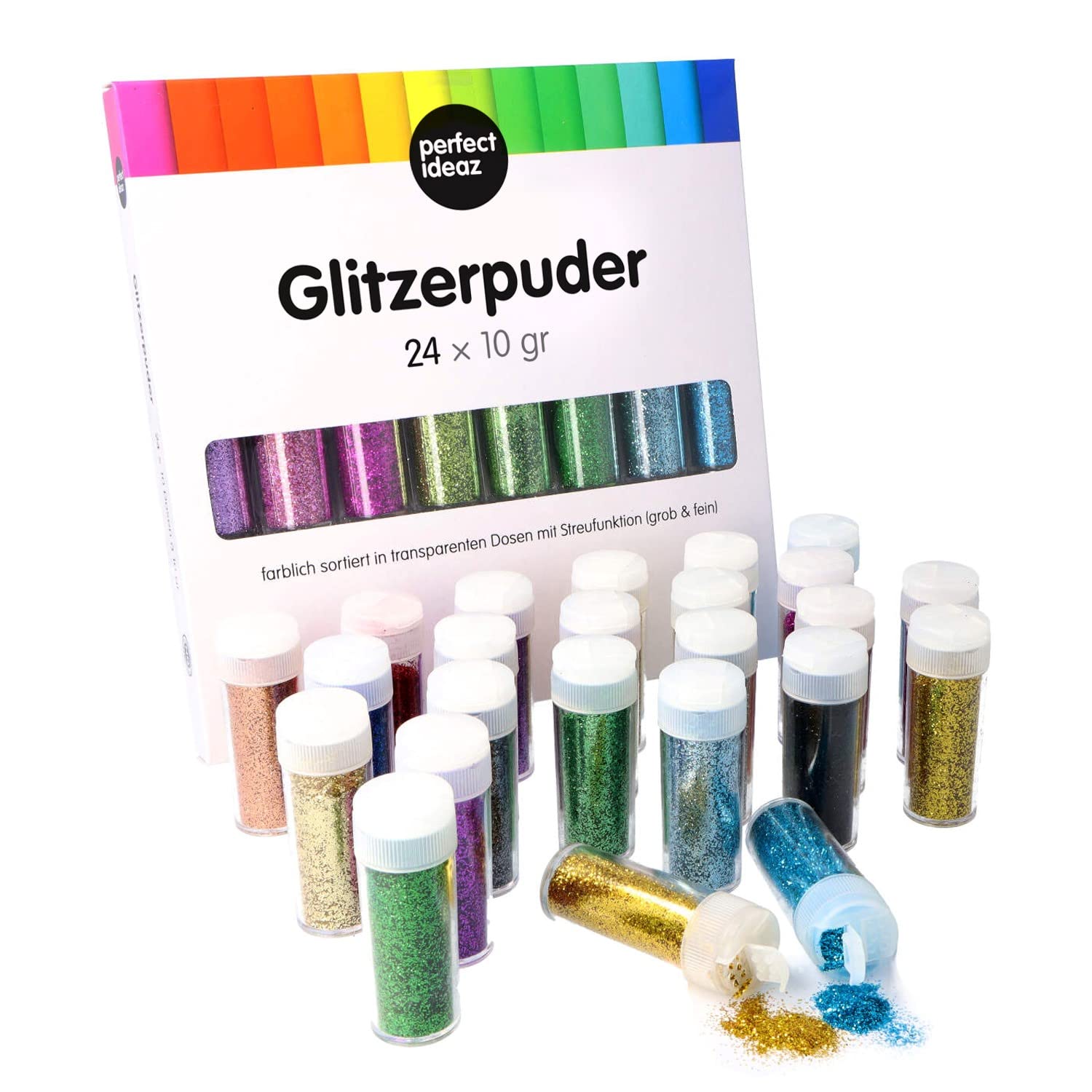 perfect ideaz set of 24 x 10 g (240 g) coloured glitter powder, 24 colours, dust for crafts in tin with shaker lid, decorative sand ideal for children's crafts, set for decorating cards & paper