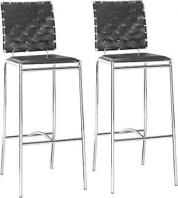 HomeRoots Set of Two Black Faux Leather and Steel Modern Basket Weave Bar Chairs