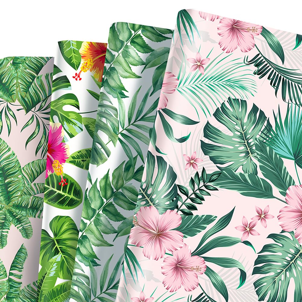 Geluode Hawaii Wrapping Paper, Flower And Leaves Plant Theme Gift Wrap Paper, Hawaii Summer Jungle Tropical Monstera Paper For Aloha Party, 8 Sheets in 4 Designs Folded Flat 20x28 Inches per sheet