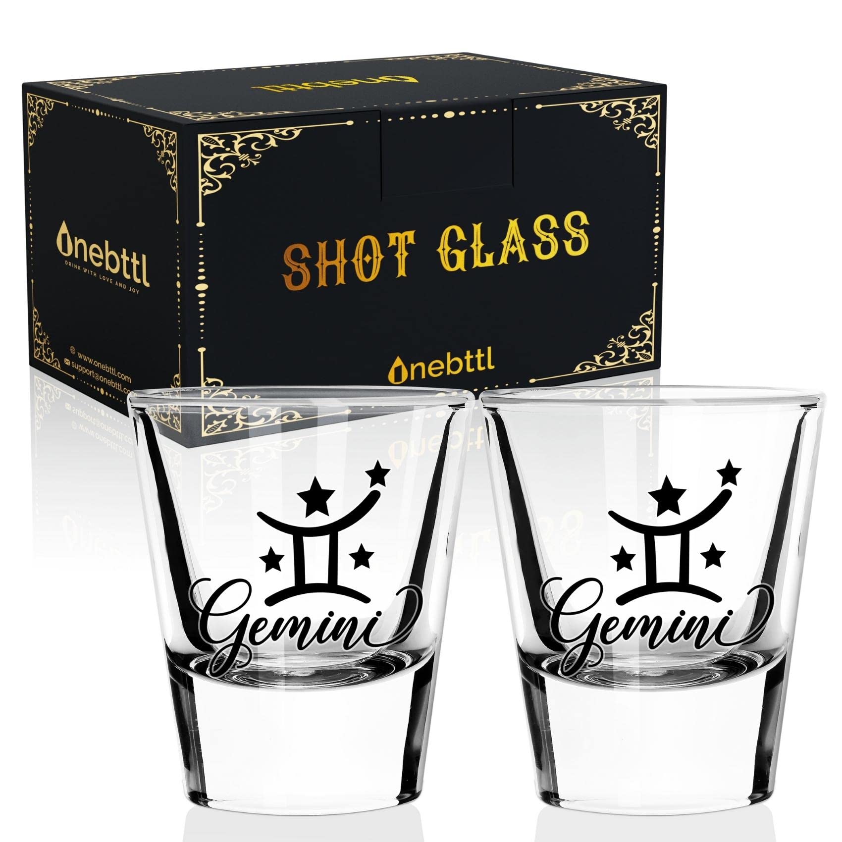 Zodiac Gemini Sign Shot Glass Set of 2, Unique May June Birthday Gifts for Women, Men, Friend, Coworker, Wife, Husband- (1.5oz/45ml)