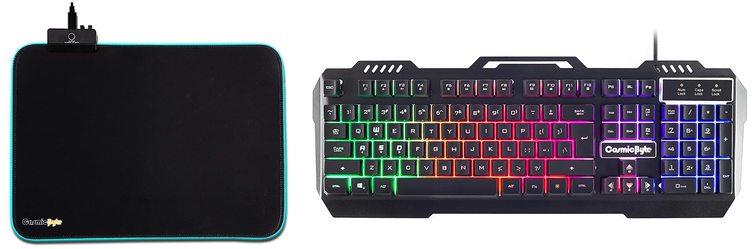 Cosmic Byte CB-GK-05 Titan Wired Gaming Keyboard with Aluminum Body, Rainbow Backlit Keycaps, Braided Cable (Black) & Volcano RGB Gaming Mousepad with Effects, Spectra RGB, USB Cable, 350x250x3MM