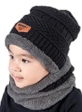 T WILKER 2Pcs Kids Winter Knitted Hats&plus;Scarf Set Warm Fleece Lining Cap for 5-14 Year Old Boys Girls